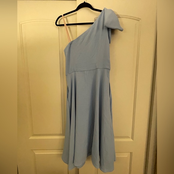 GAL MEETS GLAM Light Blue A-Line Midi Dress Asymmetrical Neck Bow Fit and Flare - Picture 5 of 6